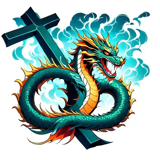a dragon wraping around a cross in a thunderstorm tattoo design idea