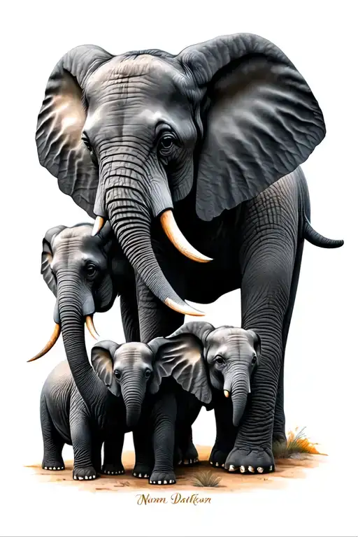 Mom And 2 baby elephants in line tattoo design idea
