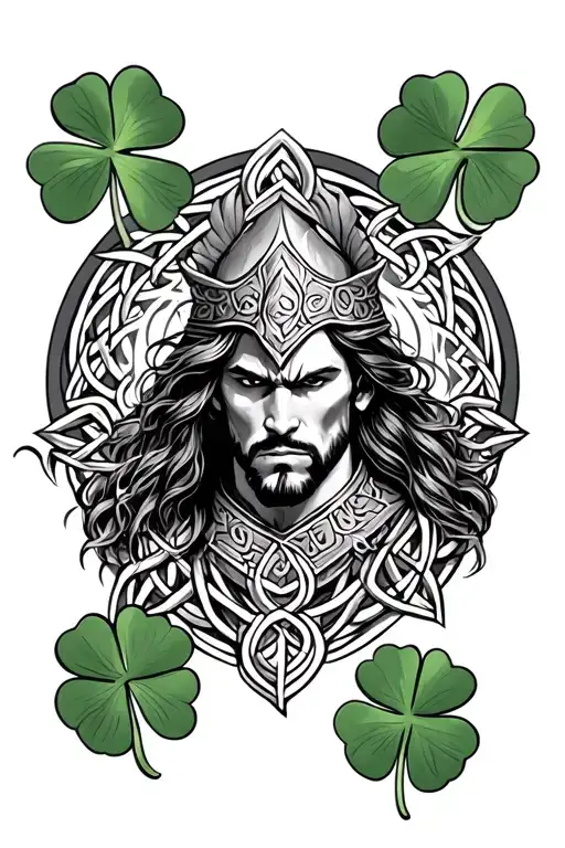 Celtic warrior and three leave clover tattoo design idea