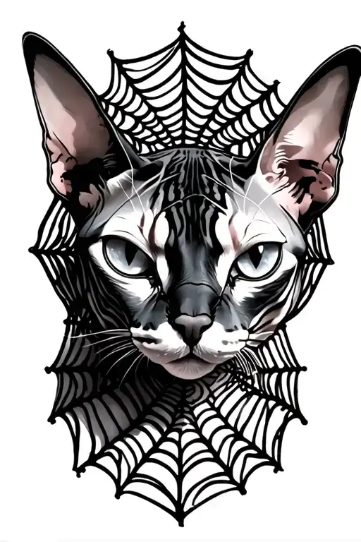 spiderweb gothic style featuring a head of a sphynx cat tattoo design idea