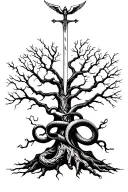 poison tree with snake wrapped around the tree with and angel above with a sword  tattoo design idea