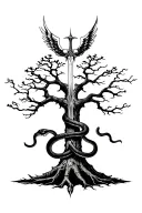 poison tree with snake wrapped around the tree with and angel above with a sword  tattoo design idea