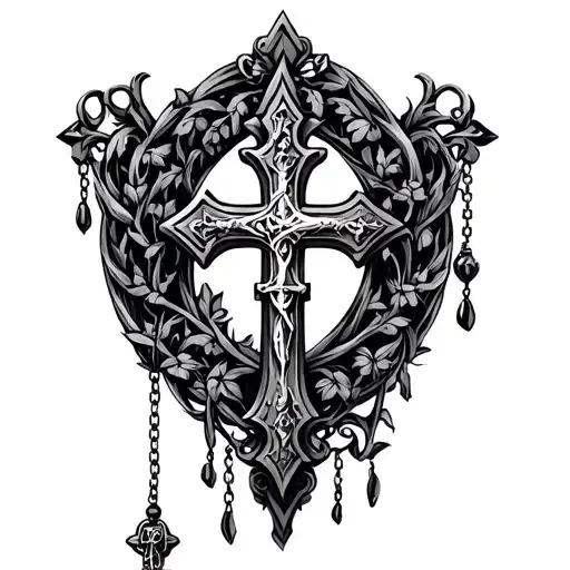 detailed thick gothic cross adorned rosary surrounded tattoo design idea