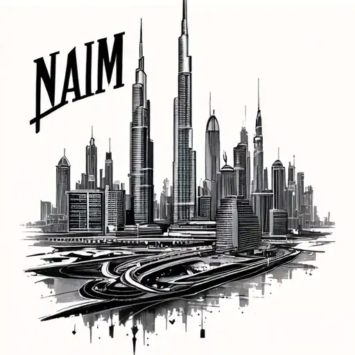 "NAIM" Create a highly detailed, full-color tattoo-style illustration featuring Dubai's iconic landmarks such as Burj Khalifa,  tattoo design idea