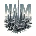 "NAIM" Create a highly detailed, full-color tattoo-style illustration featuring Dubai's iconic landmarks such as Burj Khalifa,  tattoo design idea