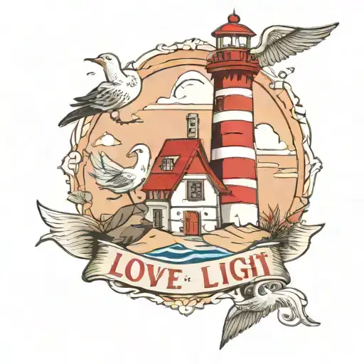 A beach scene with a lighthouse and seagulls flying overhead, incorporating baking tools like a rolling pin and whisk, with a banner that says 'Love & Light' tattoo design idea