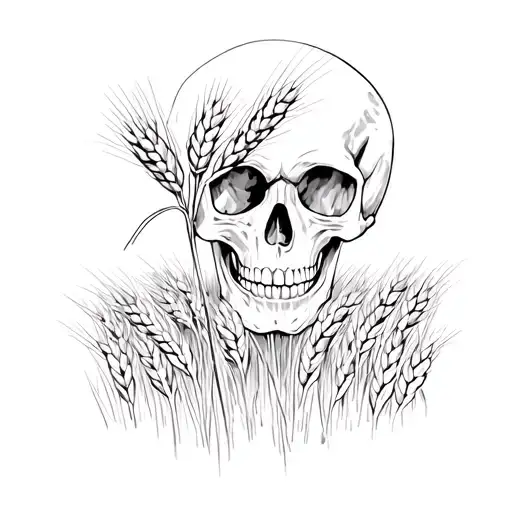 Skull in a field of wheat and Coqueliqots tattoo design idea