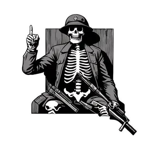 Skeleton dressed as a soldier of WW2 sites against a wall with his weapon And shows à middle finger and laugh  tattoo design idea