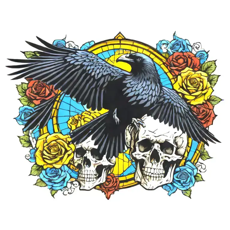 raven flying over skull and roses with stained glass background sunny yellow, orange, blue, and black tattoo design idea