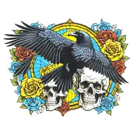 raven flying over skull and roses with stained glass background sunny yellow, orange, blue, and black tattoo design idea