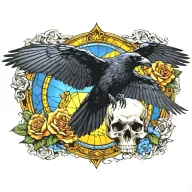 raven flying over skull and roses with stained glass background sunny yellow, orange, blue, and black tattoo design idea
