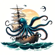an octopus in a sunken ship sailing through a sea tattoo design idea