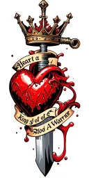 bloody dagger going through a heart with a crown and words heart of a king blood of a warrior  tattoo design idea