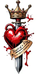 bloody dagger going through a heart with a crown and words heart of a king blood of a warrior  tattoo design idea