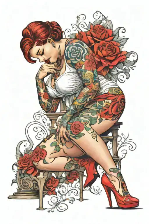 bbw tattooed kneeling high heels red tattoo design idea