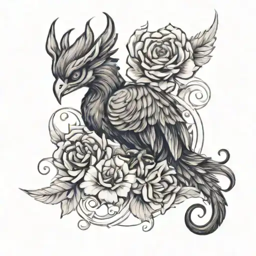 Phoenix with geraniums and scorpion crawling tattoo design idea