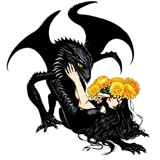 a black chupacabra with a woman laying on it's back holding chrysanthemum flowers tattoo design idea