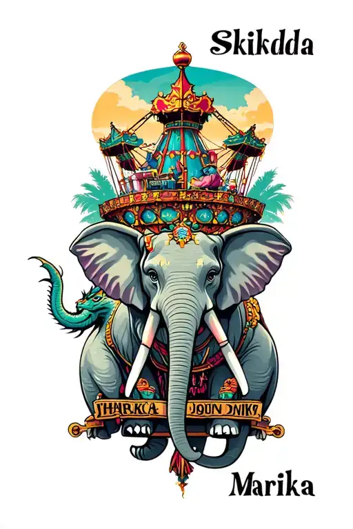 "Skidda Marika dink" elephant painting a moral that has a train,carousel,wolf,dragon in it tattoo design idea