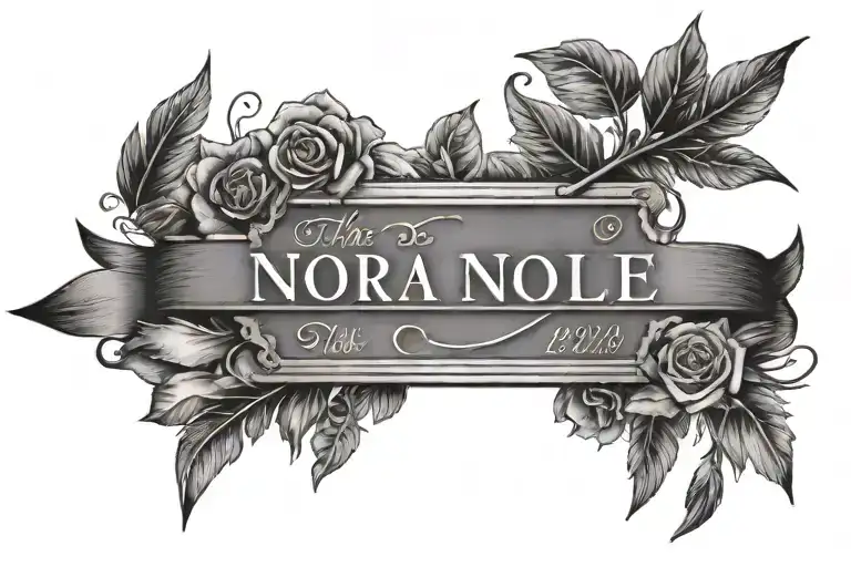 the name Nora Noelle written a ove an arrow with the date 12/17/2024 in roman numerals below it tattoo design idea