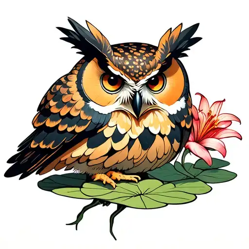 great horned Owl with feathers made of lily pad flowers tattoo design idea