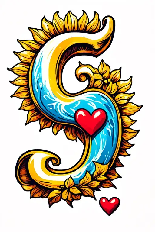 The letter J and the letter s in the form of a sunscriver with a heart tattoo design idea
