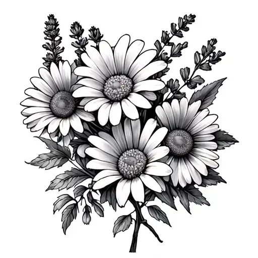 Fushia Bouquetia Lavender Chamomile Mimosas tattoo design idea