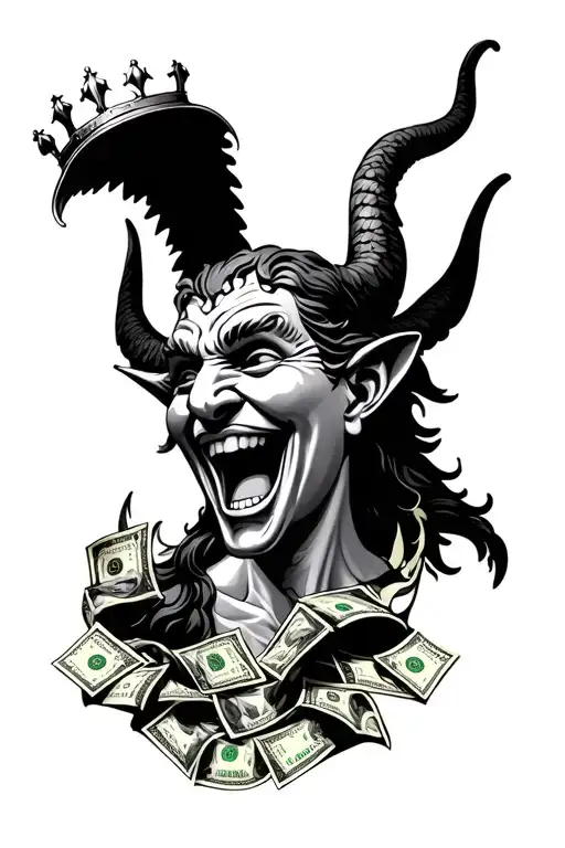devil angel money, laugh now cry later mask surrounded, crown,  tattoo design idea