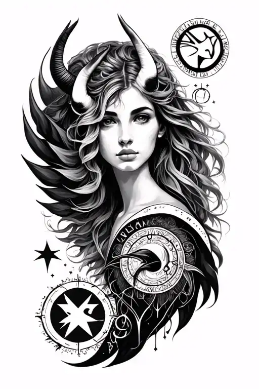 full sleeve with Virgo Libra Sagittarius and Capricorn star sign tattoo design idea