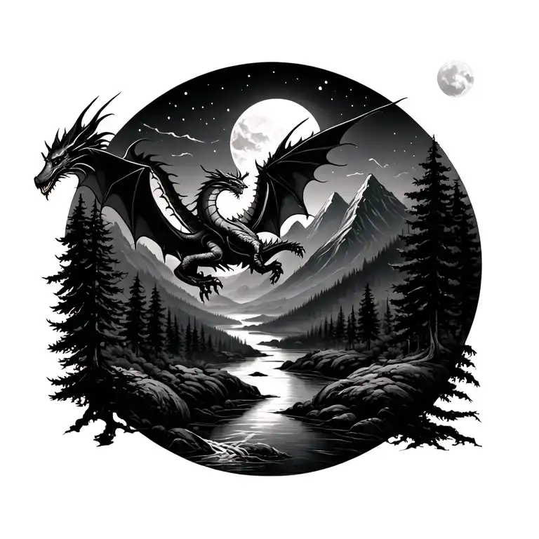 nature scene with mountains on one side and forest on the other with river running between an dragon flying in the night tattoo design idea