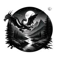 nature scene with mountains on one side and forest on the other with river running between an dragon flying in the night tattoo design idea