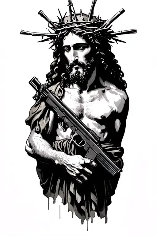 Full body Jesus with crown of thorns and machine gun tattoo design idea