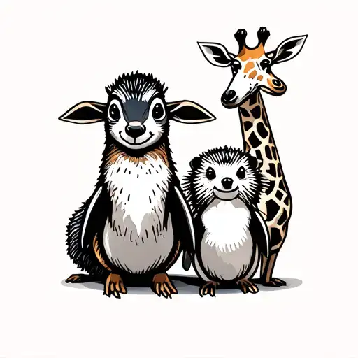 Chipmunk,lamb,hedgehog, otter,giraffe and peguin together  tattoo design idea