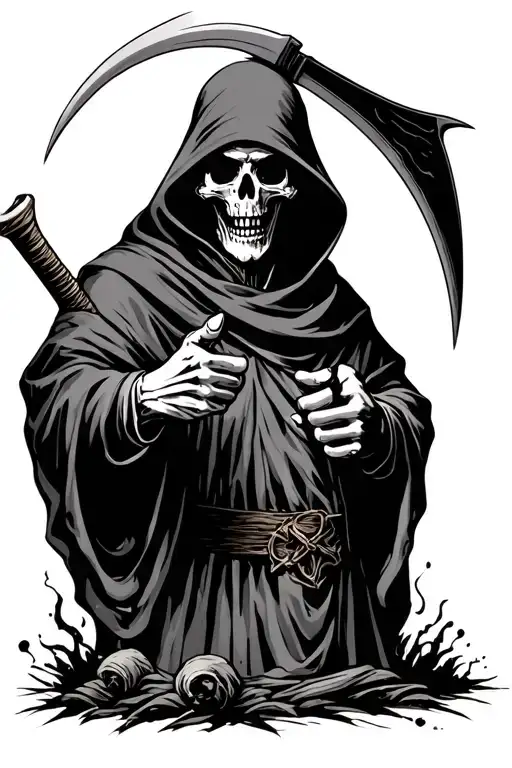 Death on cememtary with a scythe pointing his finger tattoo design idea