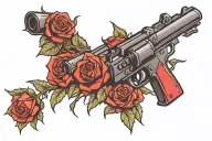 black pistol with red roses coming out of the barrel and thorns going up the gun  tattoo design idea