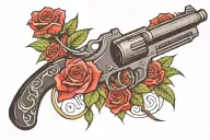 black pistol with red roses coming out of the barrel and thorns going up the gun  tattoo design idea