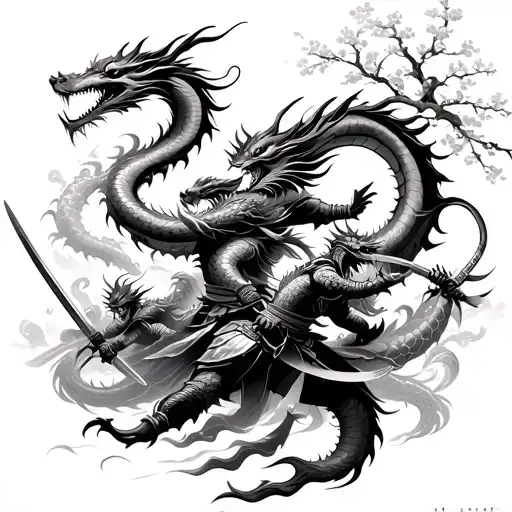 swirling Japanese dragons fighting a war with samurais wielding katanas with cherry blossoms in the background  tattoo design idea