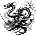 swirling Japanese dragons fighting a war with samurais wielding katanas with cherry blossoms in the background  tattoo design idea
