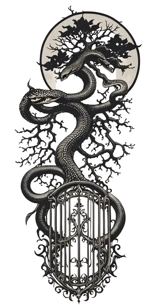 tree of life with gate to heaven and snake tattoo design idea