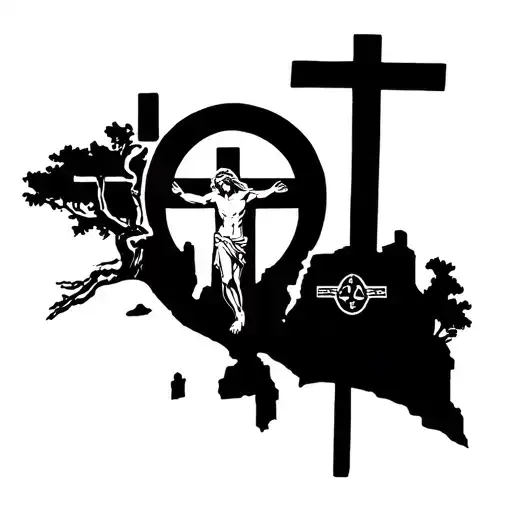 leg sleeve. Jesus on top of leg with 3 cross underneath on hill with tomb on knee. st Michael's on bottom of leg tattoo design idea