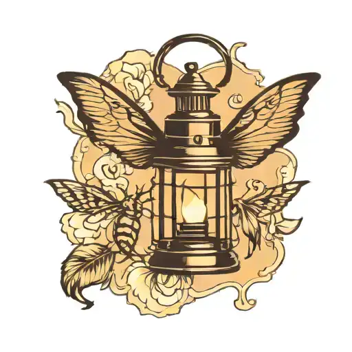 old lantern with flame and shadow silhouette of a moth tattoo design idea
