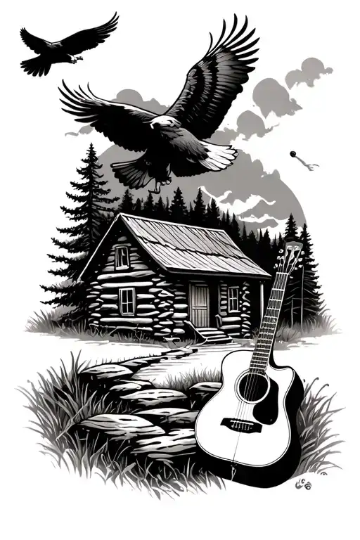Log Cabin With An Acoustic Guitar In Front And An Eagle Flying Above. Nature Scene Tattoo tattoo design idea