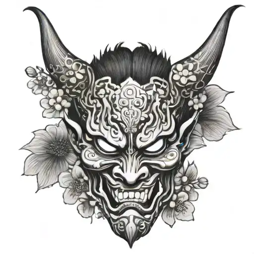 demon hanya mask with cherry blossoms tattoo design idea