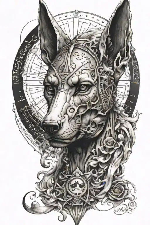 create a full sleeve tattoo that has anubis, Aphrodite, a skull & constillation tattoo design idea
