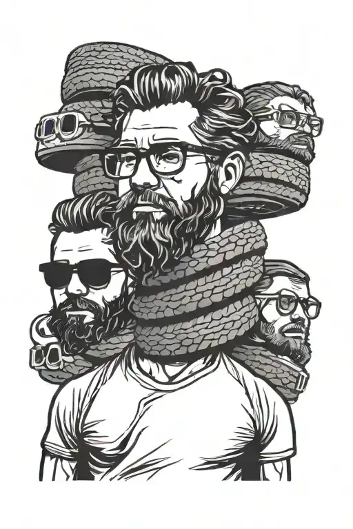 stack of tires with a man with curl hair a beard and glasses standing in them tattoo design idea