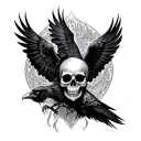 Freya skull with raven flying tattoo design idea