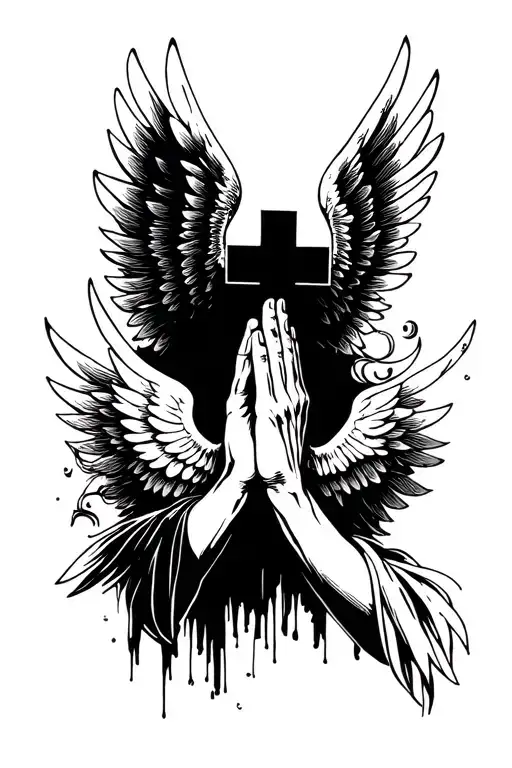 Praying hand with cross and wings spread wide tattoo design idea
