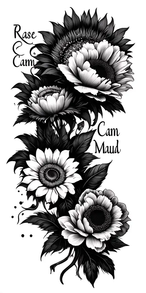 "Rase, Cam, Maud" sunflowers, peonies, liles, honeycomb, peacock feathers and swirls tattoo design idea