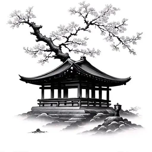 Samari / cheery blossom tree branch/ Japanese shrine tattoo design idea
