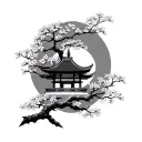 Samari / cheery blossom tree branch/ Japanese shrine tattoo design idea