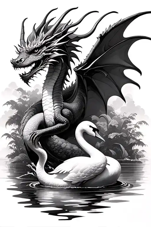 dragon flying away with a swan seen from above tattoo design idea